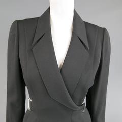 THIERRY MUGLER 1990's Size 2 Black Wool Wrap & Tie Silver Tone Hardware Jacket