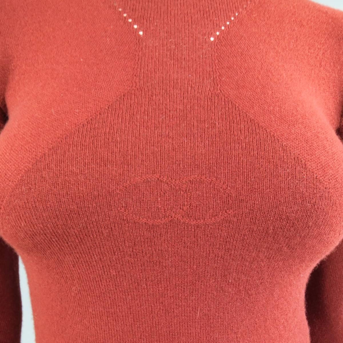 CHANEL Fall 2006 Size 4 Brick Red Cashmere Blend Sheer Panel Logo Pullover In Excellent Condition In San Francisco, CA