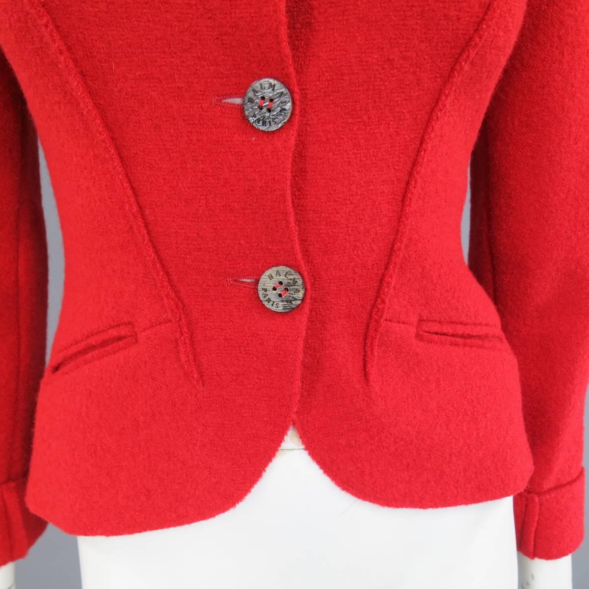 1990's Vintage BALMAIN Size 4 Red Wool Cardigan Jacket In Excellent Condition In San Francisco, CA