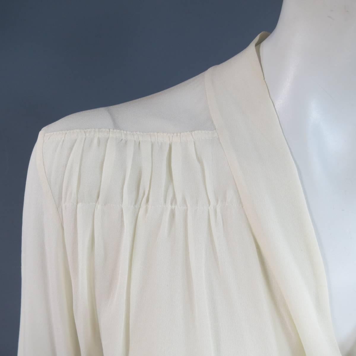 Women's HERMES Size 10 Cream Gathered Sheer Silk Bow Blouse