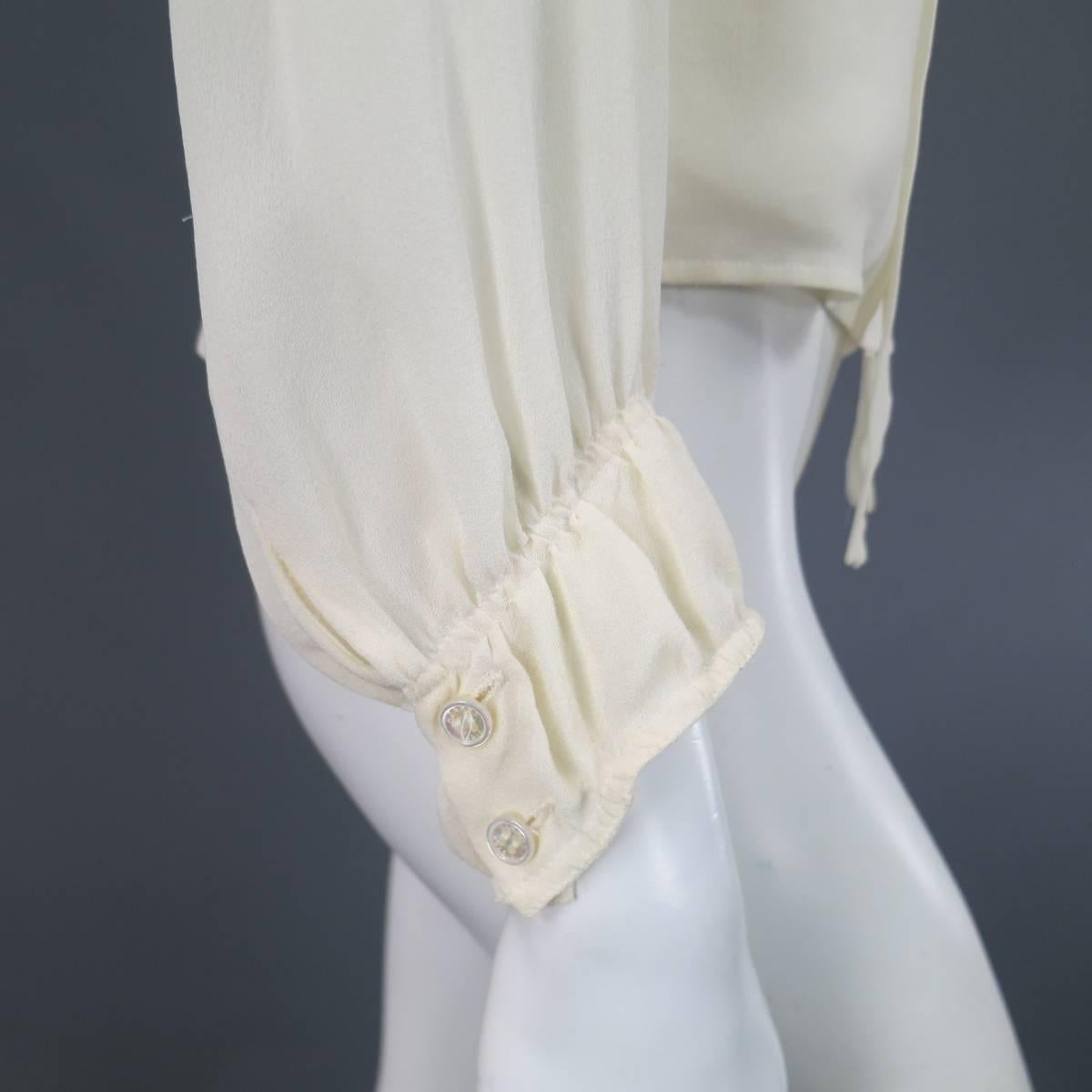 HERMES Size 10 Cream Gathered Sheer Silk Bow Blouse 1