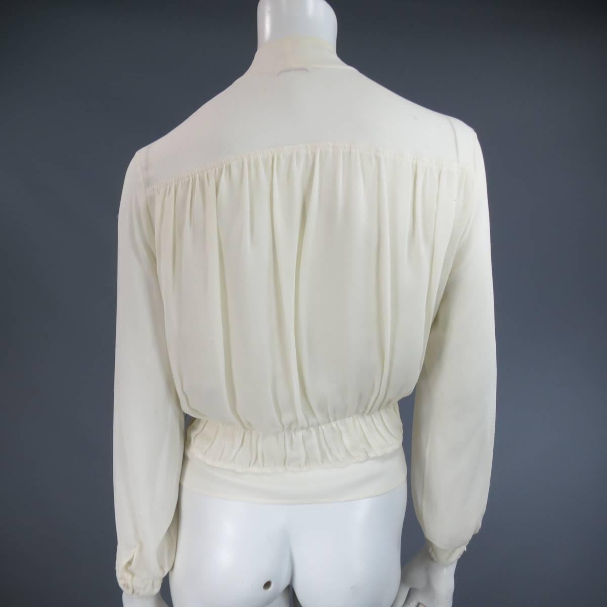 HERMES Size 10 Cream Gathered Sheer Silk Bow Blouse 2