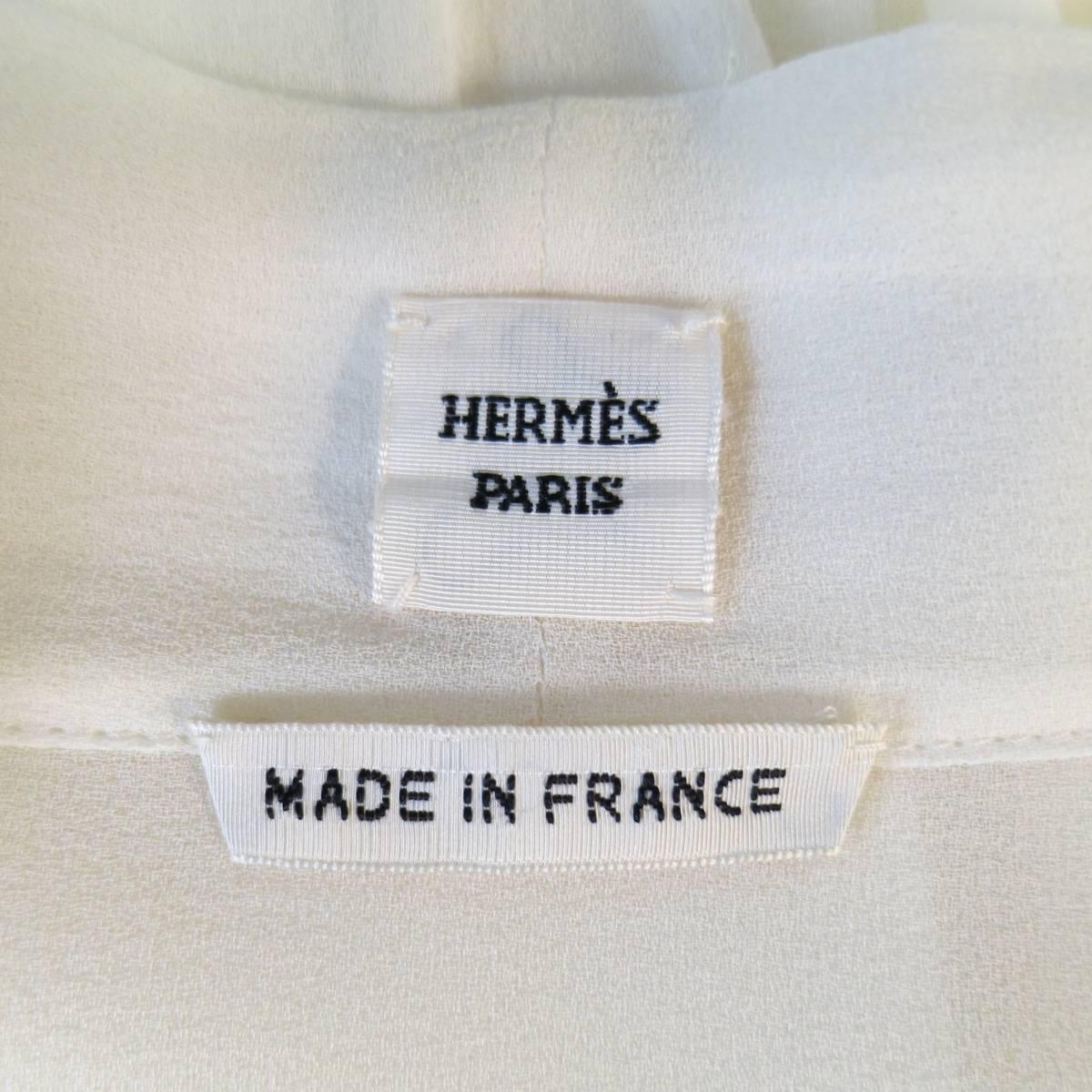 HERMES Size 10 Cream Gathered Sheer Silk Bow Blouse 4