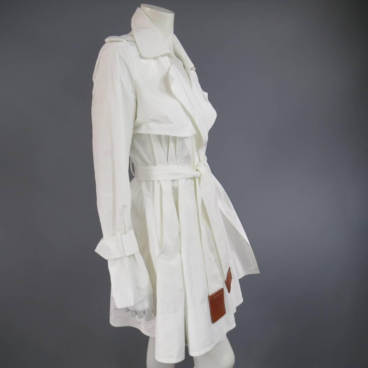 KAUFMAN FRANCO 8 Off White Textured Tan Leather End Belt A Line Wrap Trenchcoat 2