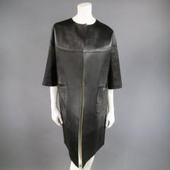 MARNI Size 10 Black & White Leather Reversible Crewneck Duster Coat
