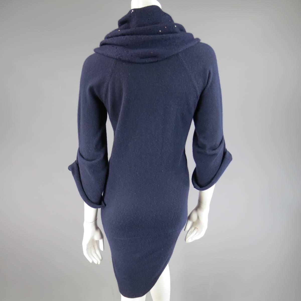 BRUNELLO CUCINELLI M Navy Cashmere Sequin Ruched Collar V Neck Sweater Dress 4