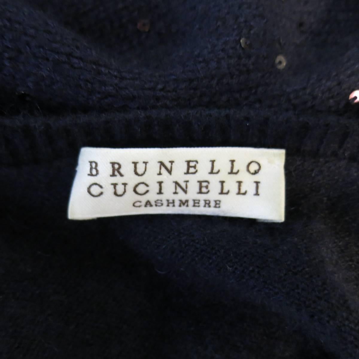 BRUNELLO CUCINELLI M Navy Cashmere Sequin Ruched Collar V Neck Sweater Dress 5