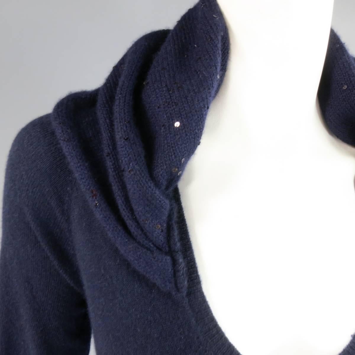 BRUNELLO CUCINELLI M Navy Cashmere Sequin Ruched Collar V Neck Sweater Dress In Excellent Condition In San Francisco, CA