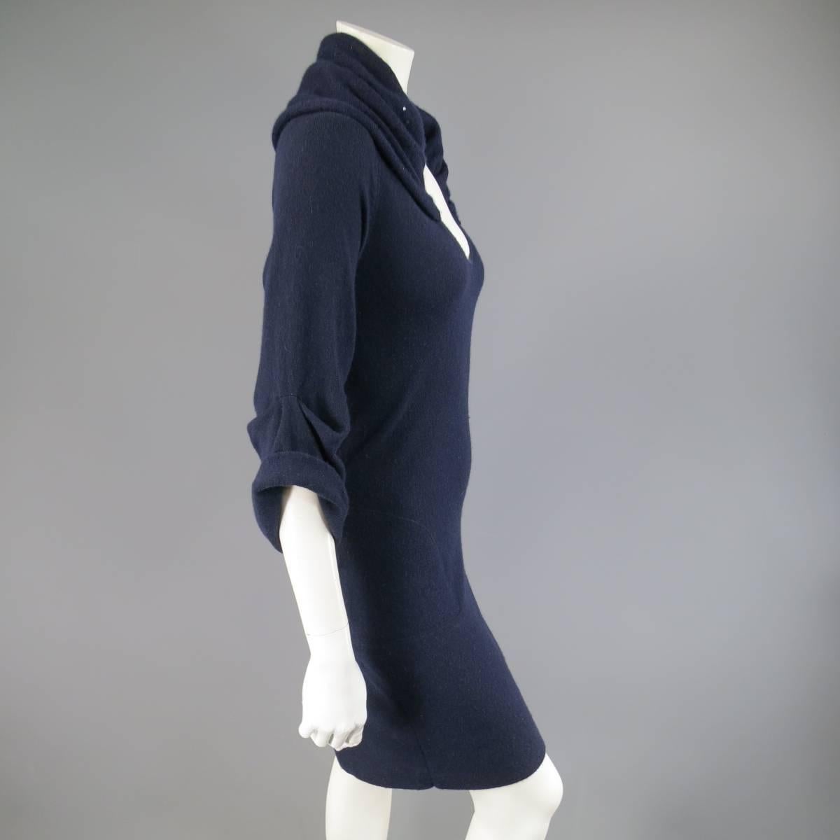 Women's BRUNELLO CUCINELLI M Navy Cashmere Sequin Ruched Collar V Neck Sweater Dress
