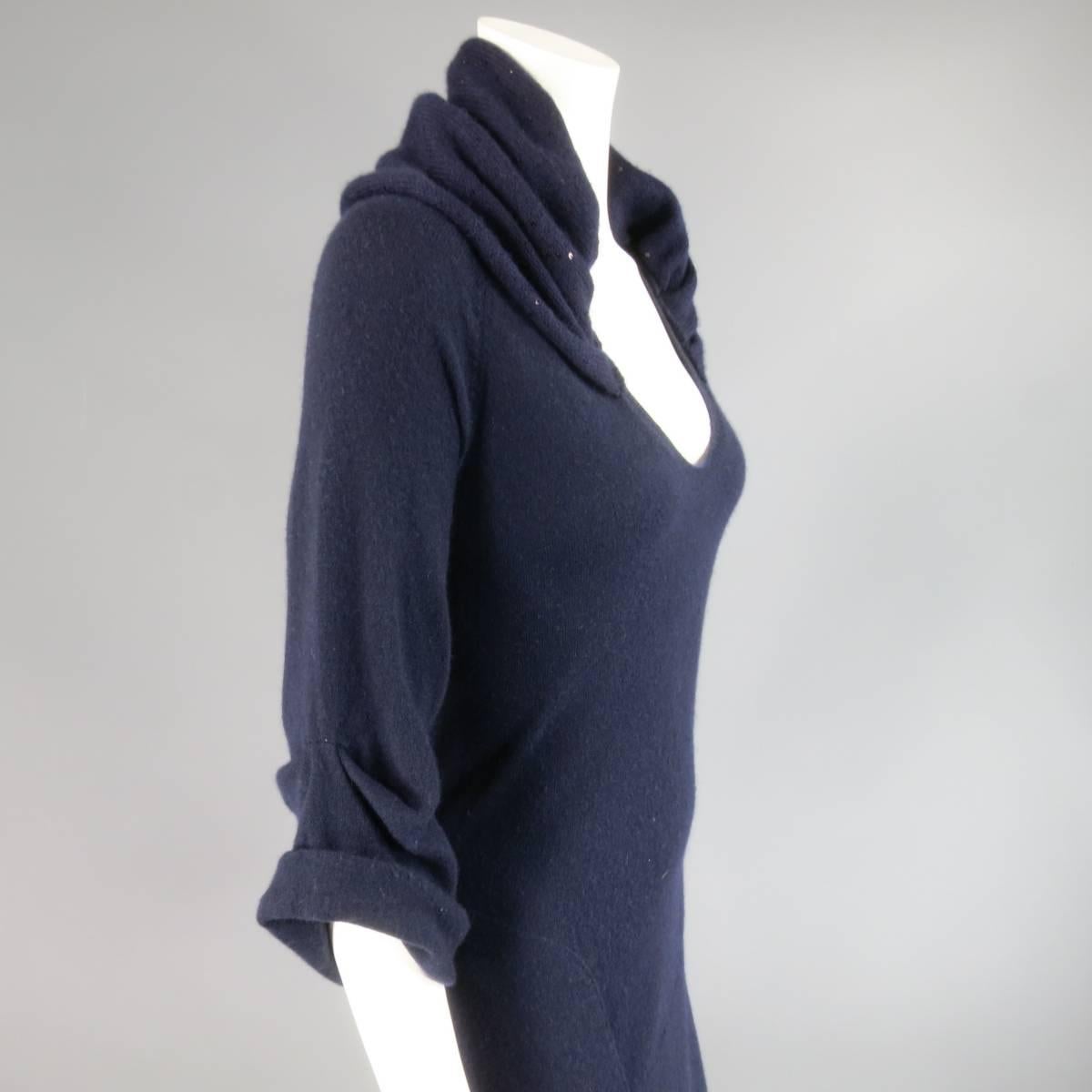 BRUNELLO CUCINELLI M Navy Cashmere Sequin Ruched Collar V Neck Sweater Dress 1