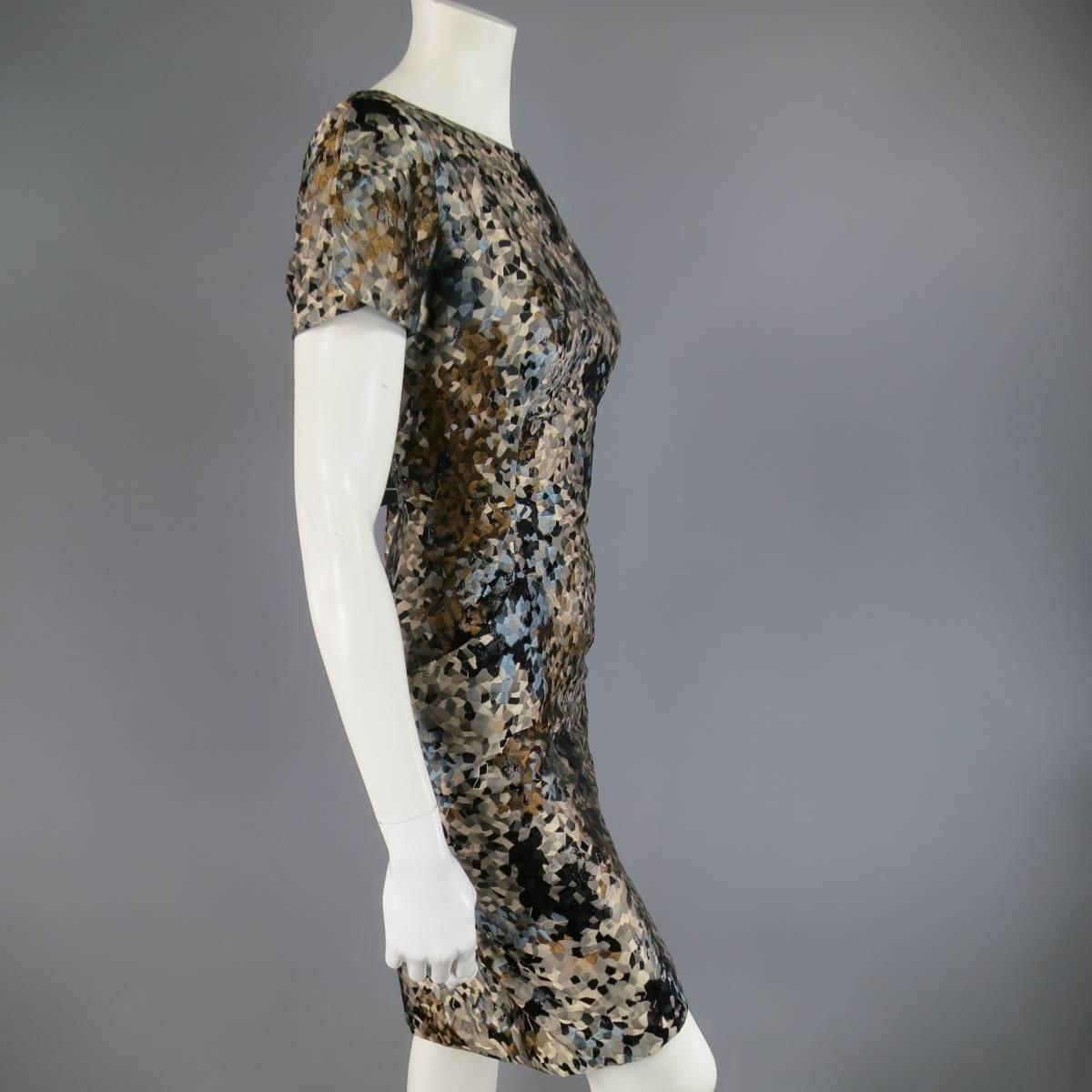 CAROLINA HERRERA 6 Beige Black Blue & Bronze Abstract Brocade Dress 1