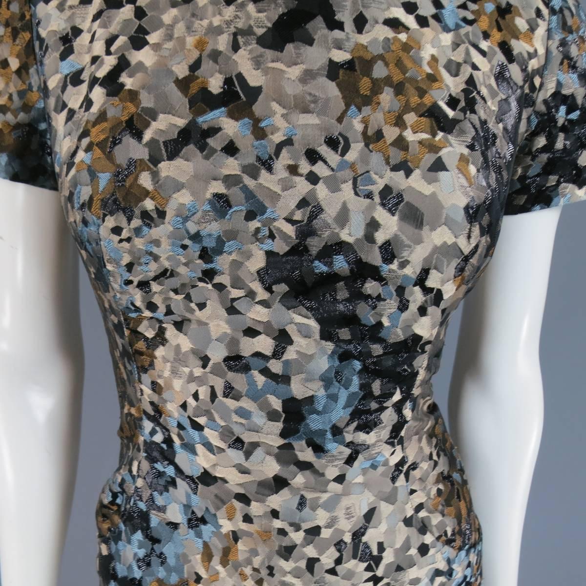 Gray CAROLINA HERRERA 6 Beige Black Blue & Bronze Abstract Brocade Dress