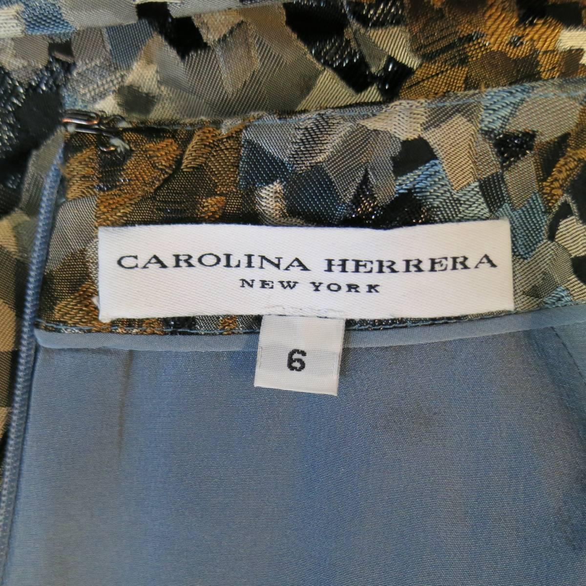CAROLINA HERRERA 6 Beige Black Blue & Bronze Abstract Brocade Dress 6