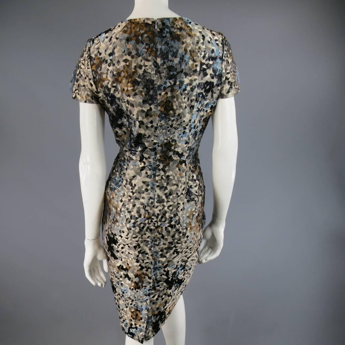 CAROLINA HERRERA 6 Beige Black Blue & Bronze Abstract Brocade Dress 3