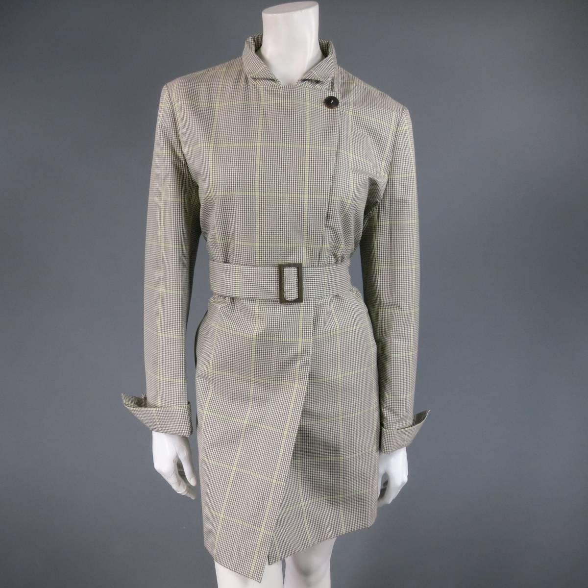 Gray LORO PIANA 12 Beige & Green Glenplaid Cotton / Silk Hidden Placket Trenchcoat