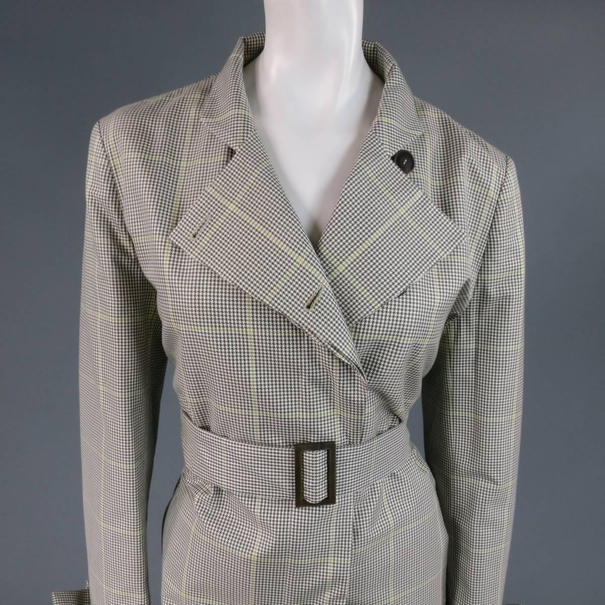 This lovely LORO PIANA "Storm System" trench coat comes in a beige cotton silk blend with all over olive and green Glenplaid print and features a folded collar, hidden placket button up closure, slit cuffed sleeves, belted waist, and green