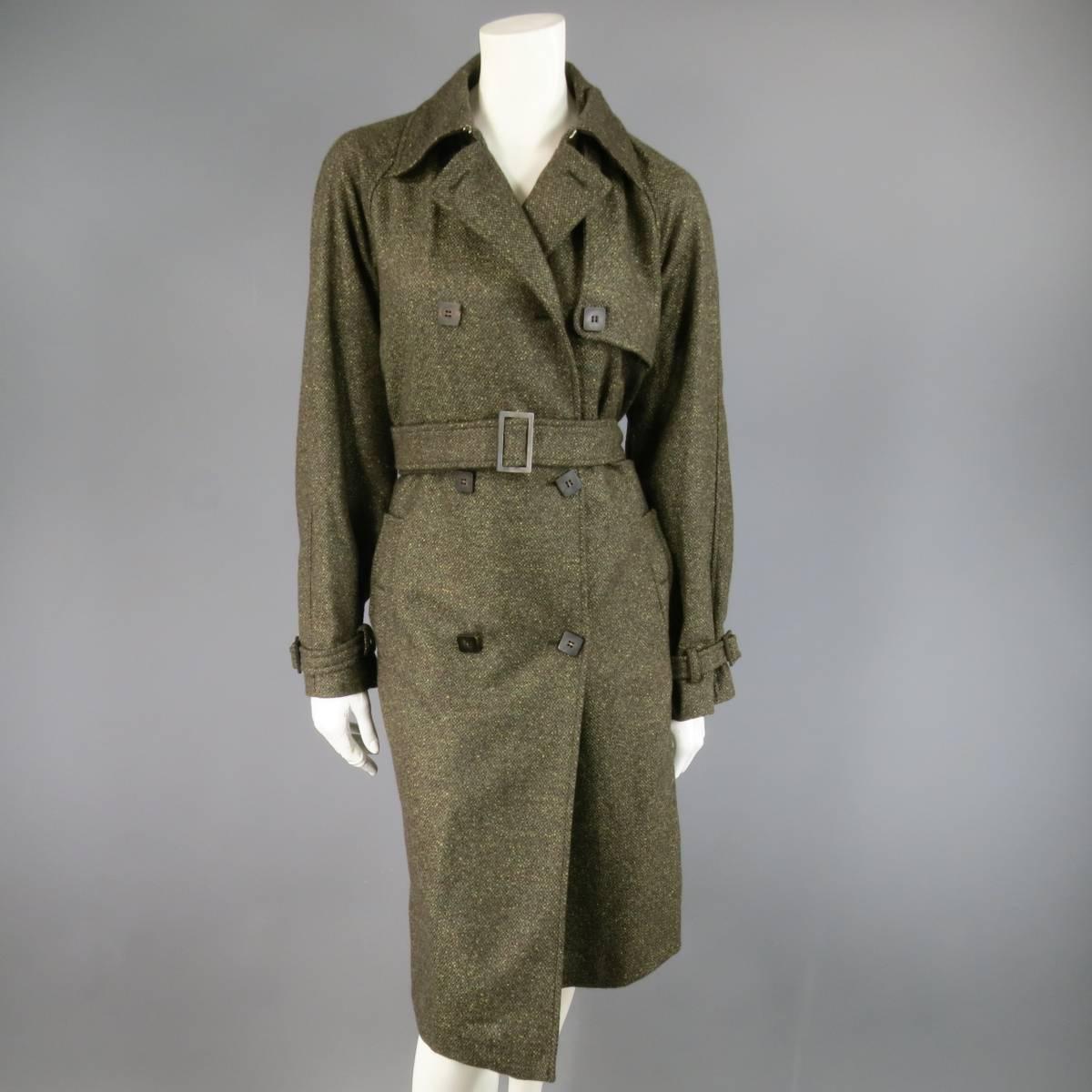 Gray LORO PIANA Size 10 Brown & Green Cashmere Tweed Storm System Trenchcoat