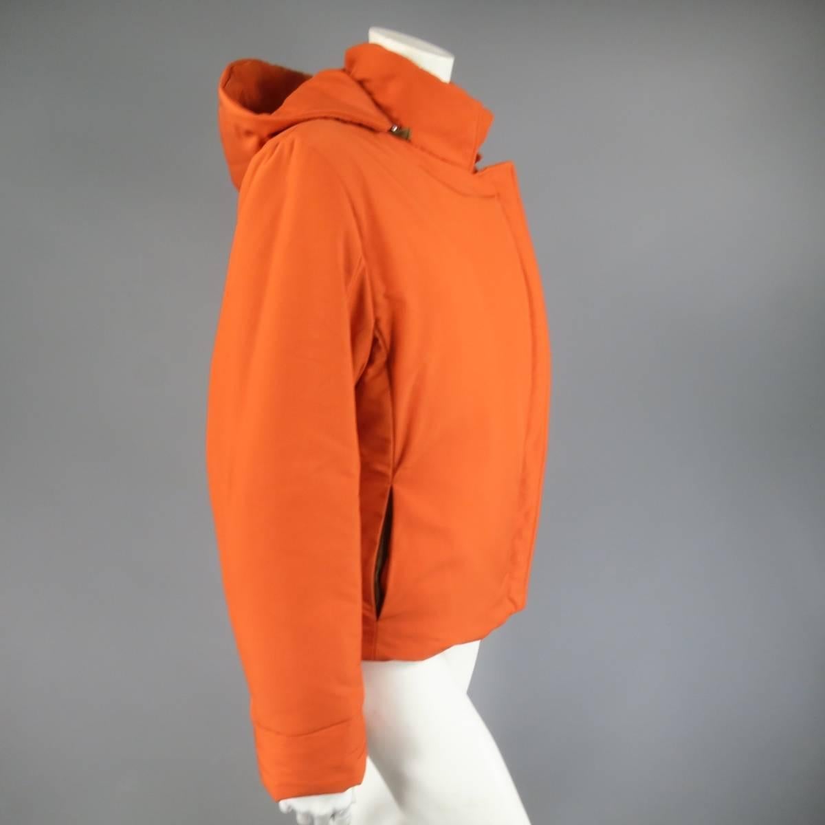 LORO PIANA Jacket - Size 12 Orange Nylon Padded Storm System Hood Ski Coat In New Condition In San Francisco, CA