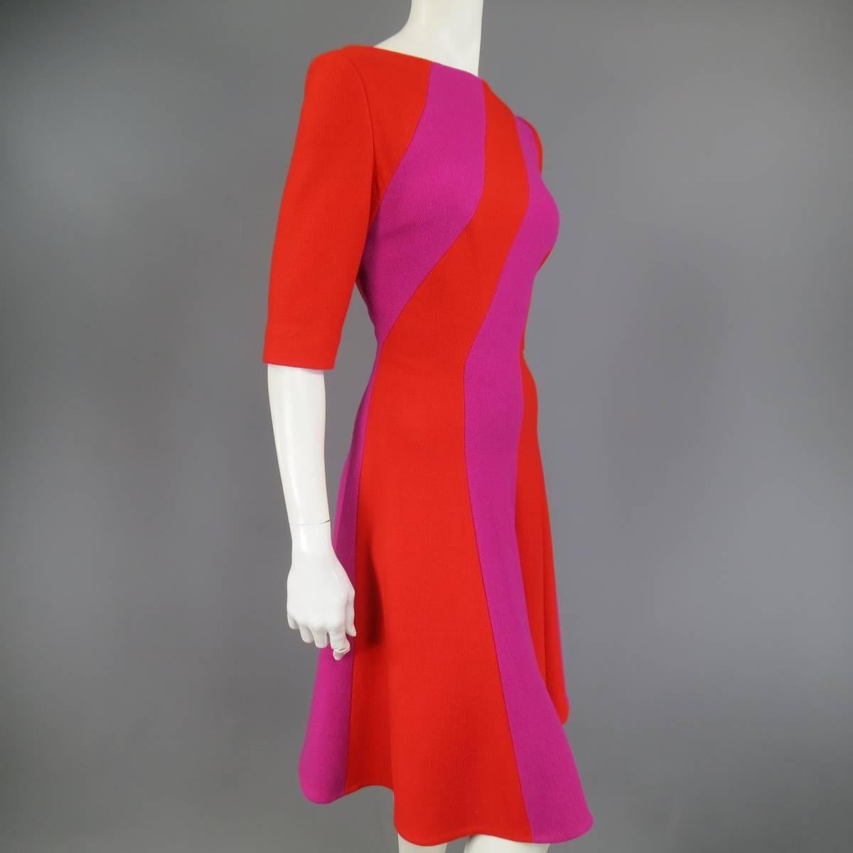 Talbot Runhof Red and Magenta Striped Virgin Wool Blend A Line Dress, US 10  In Excellent Condition In San Francisco, CA