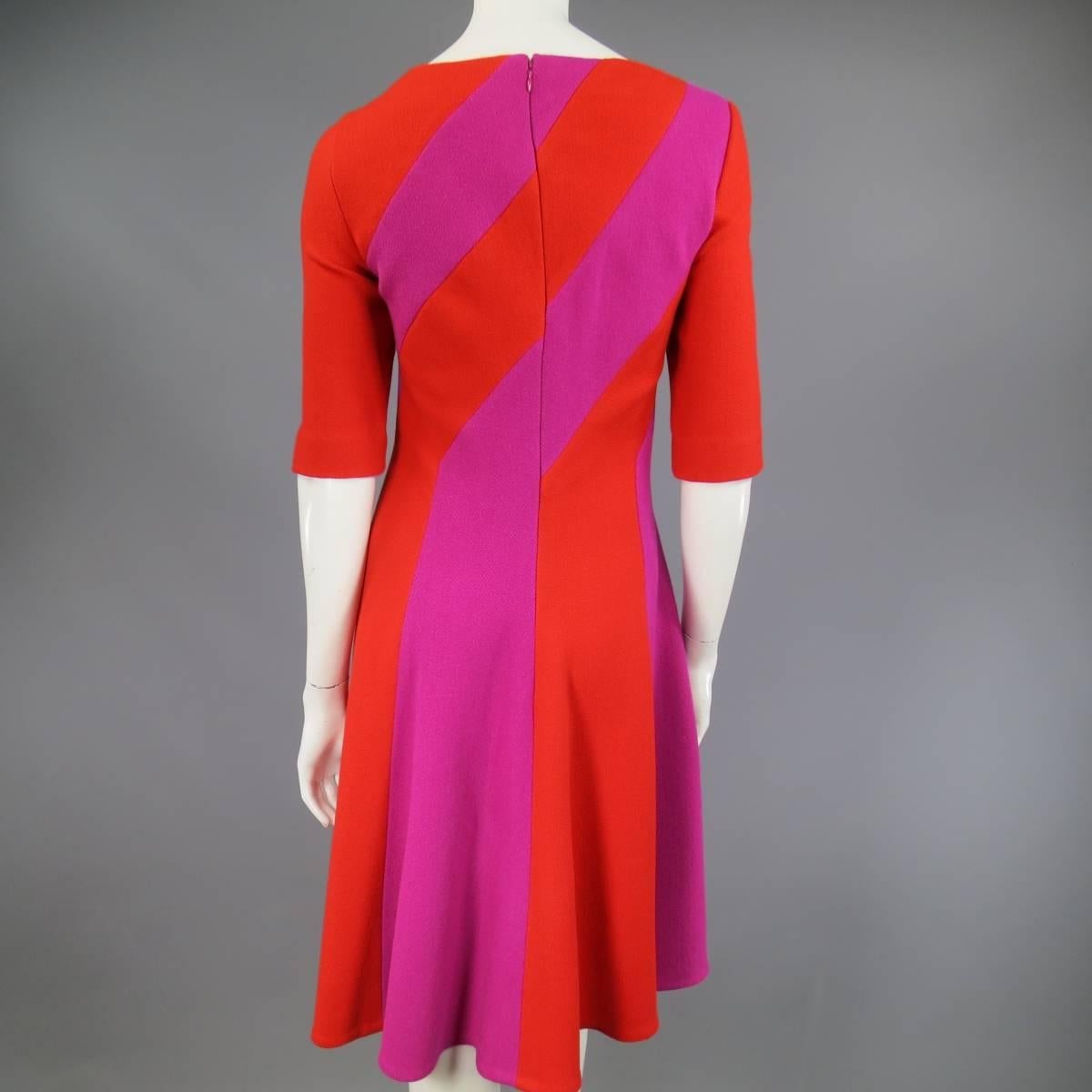 Women's Talbot Runhof Red and Magenta Striped Virgin Wool Blend A Line Dress, US 10 