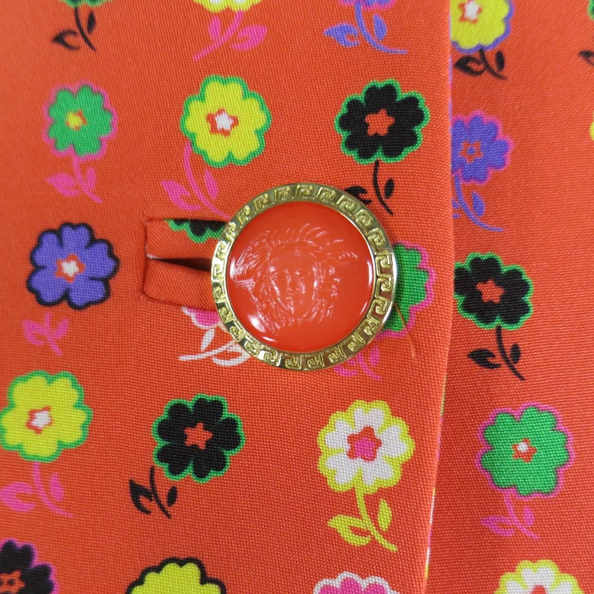Women's GIANNI VERSACE Size 6 Orange Floral Print Silk Collarless Ruffle Cuff Suit