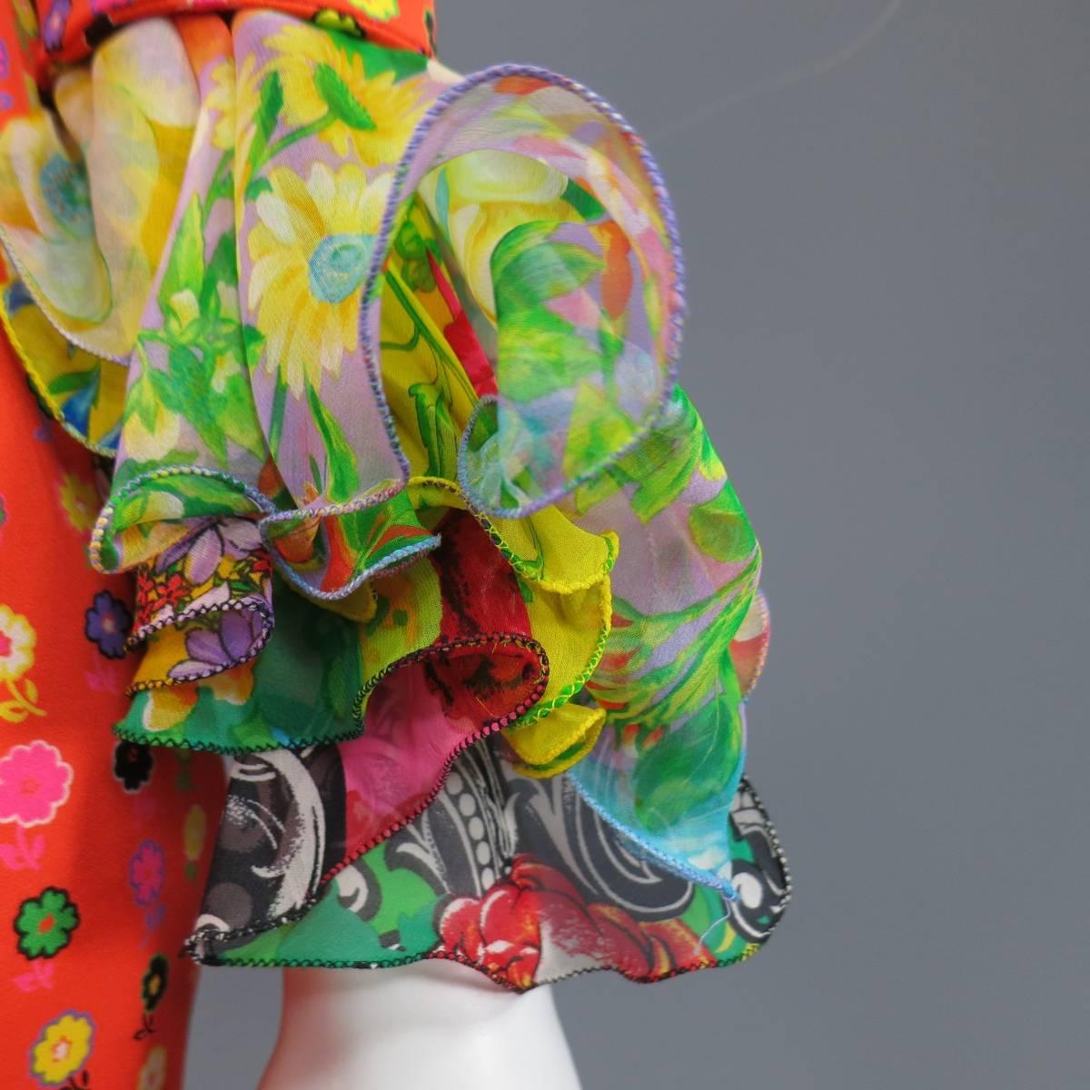 GIANNI VERSACE Size 6 Orange Floral Print Silk Collarless Ruffle Cuff Suit 1