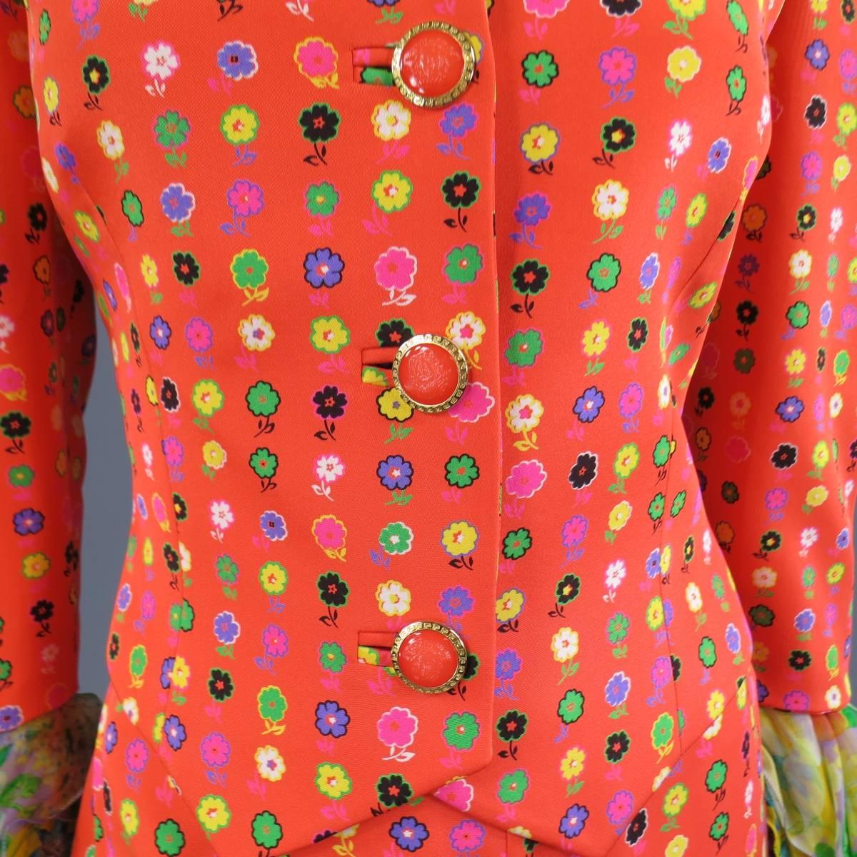 GIANNI VERSACE Size 6 Orange Floral Print Silk Collarless Ruffle Cuff Suit In Excellent Condition In San Francisco, CA