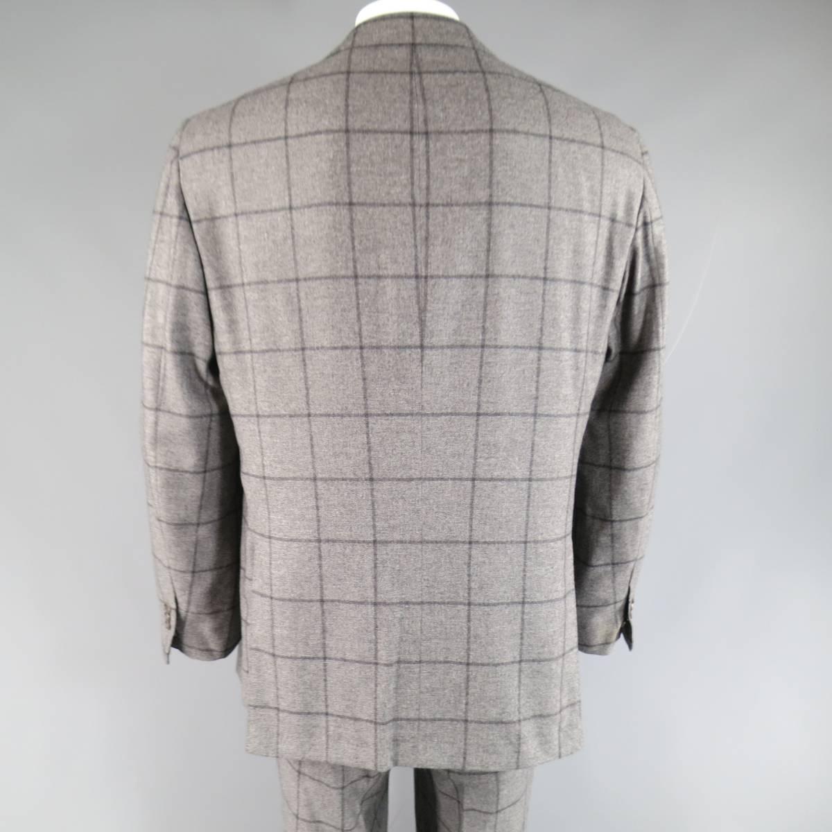 Kiton Men's Suit 46 R 3 Button Gray Windowpane Cashmere Notch Lapel Jacket Pants In Good Condition In San Francisco, CA