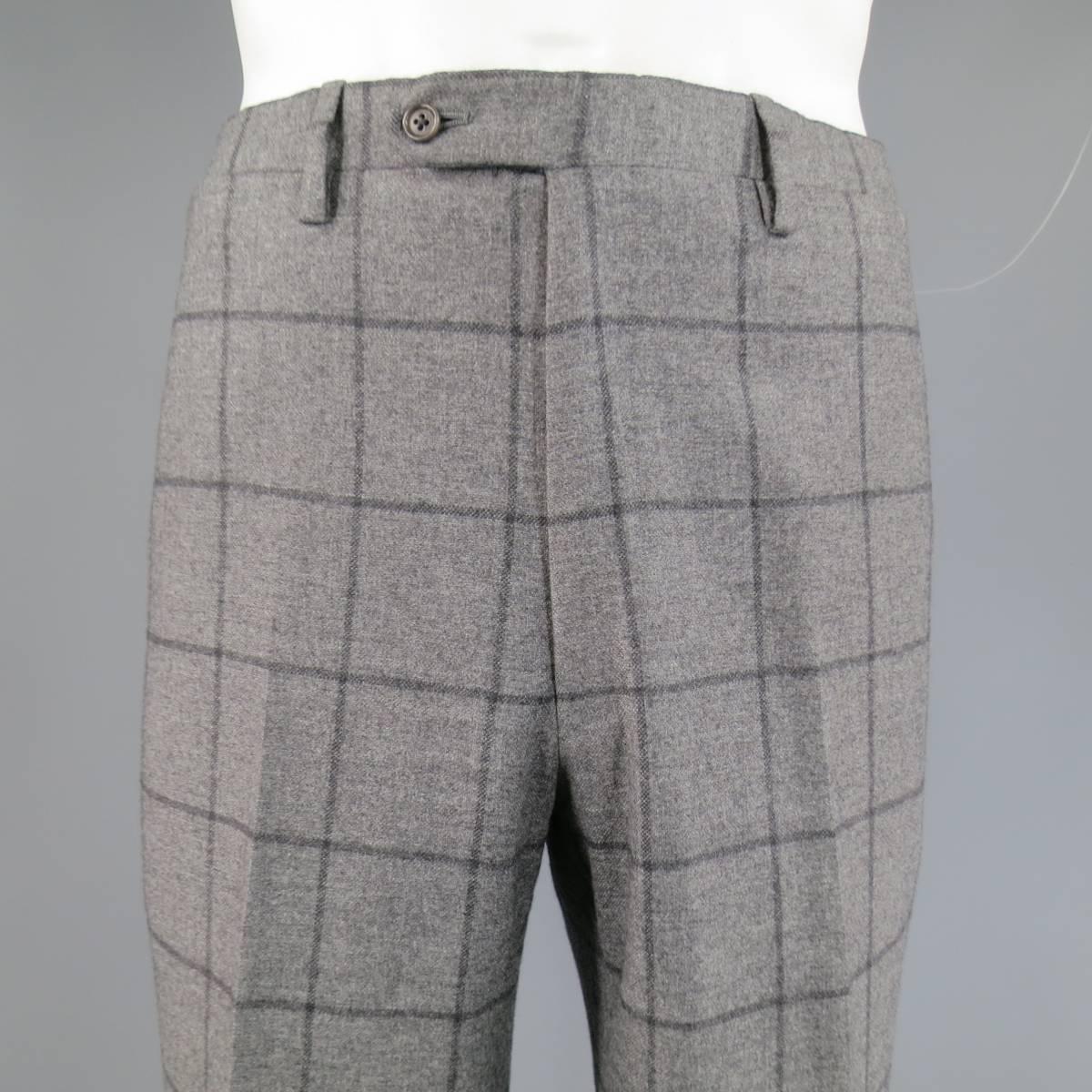 Kiton Men's Suit 46 R 3 Button Gray Windowpane Cashmere Notch Lapel Jacket Pants 2