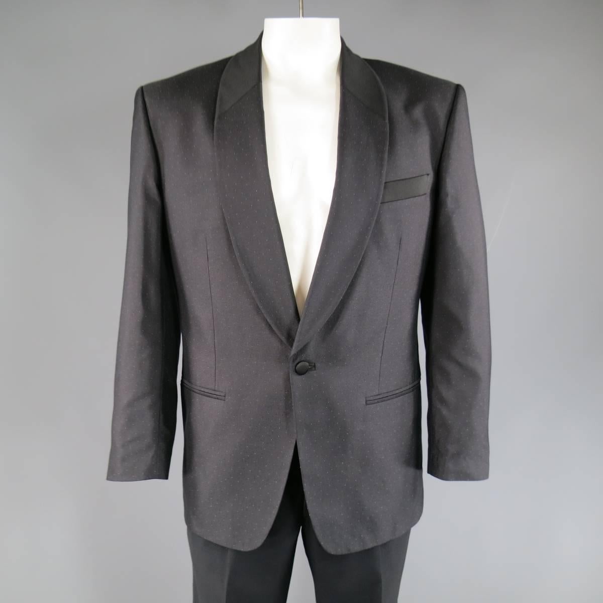 Vintage MISSONI UOMO tuxedo suit includes a silk twill, single button satin panel shawl collar, dinner jacket with allover mini blue & black spotted polka dot print and classic pleated wool trousers with double tuxedo stripe. Made in Italy.
