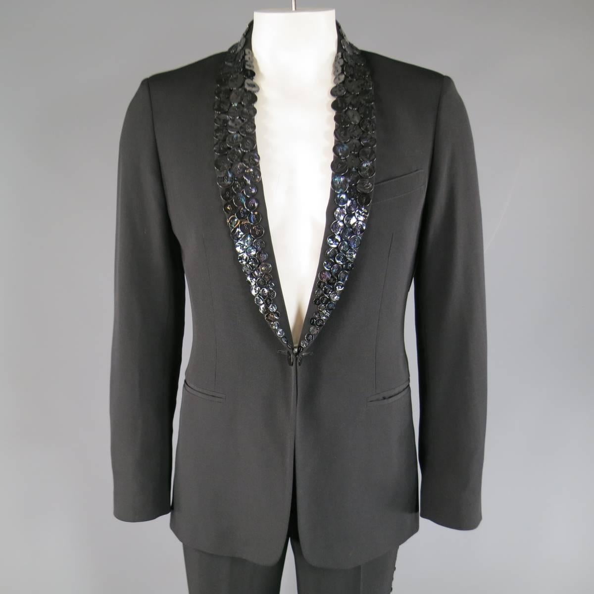 Vintage JEAN PAUL GAULTIER suit in a light weight black wool / mohair blend fabric includes a single button, sport coat featuring a shawl collar completely embellished with black petrol iridescent buttons and signature back tab and matching trousers