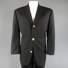 GIANNI VERSACE 44 Black Checkered Wool Gold Rhinestone Lion Head Button Suit