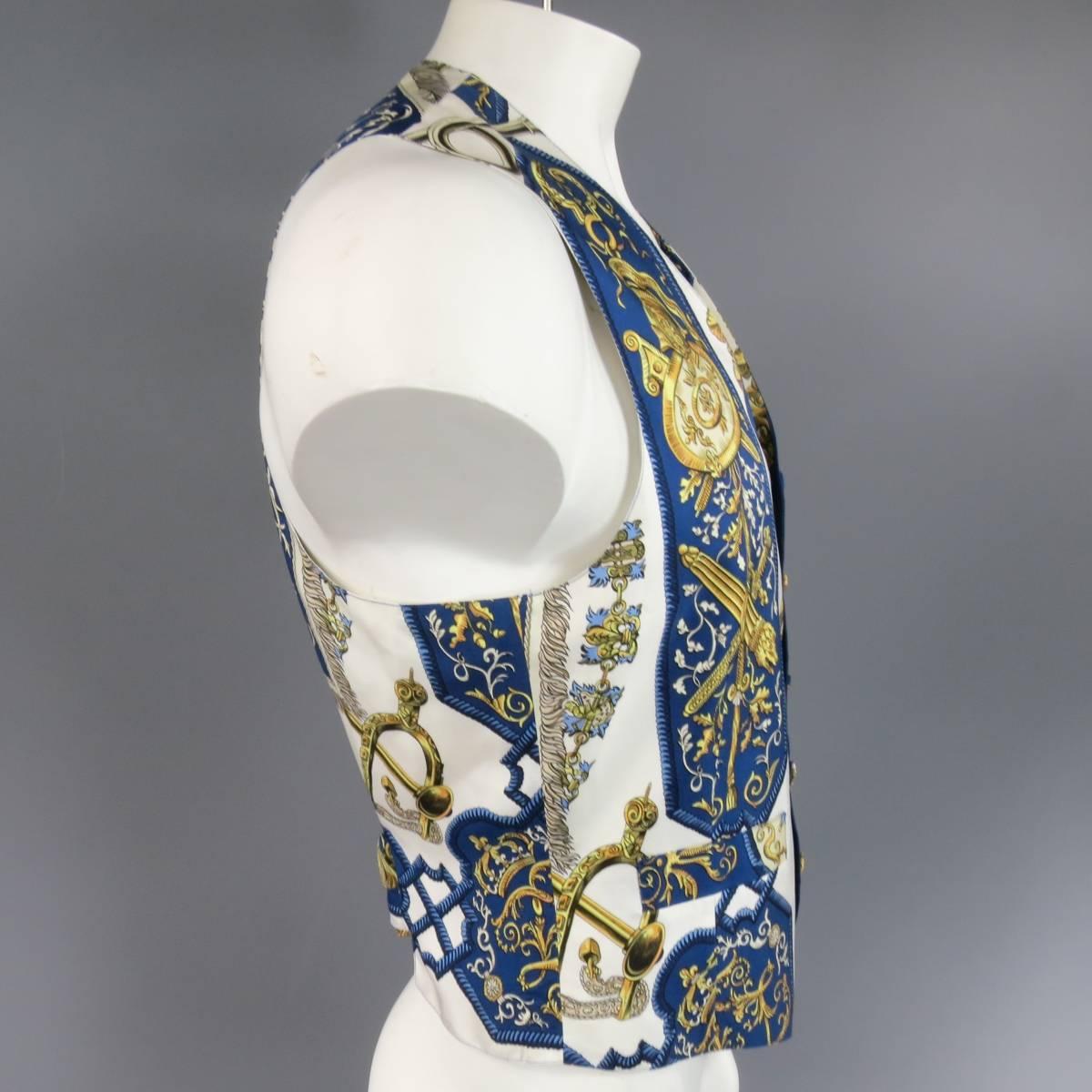 Men's Vintage HERMES 42 Blue White & Gold Ludovicus Magnus Louis XIV Silk Vest