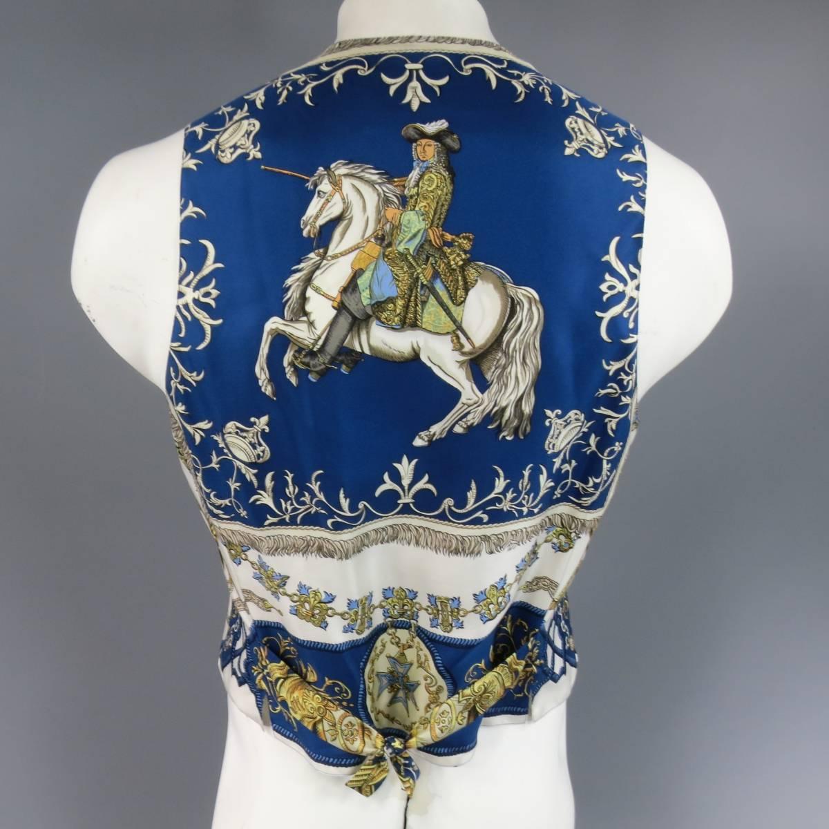 Vintage HERMES 42 Blue White & Gold Ludovicus Magnus Louis XIV Silk Vest 2