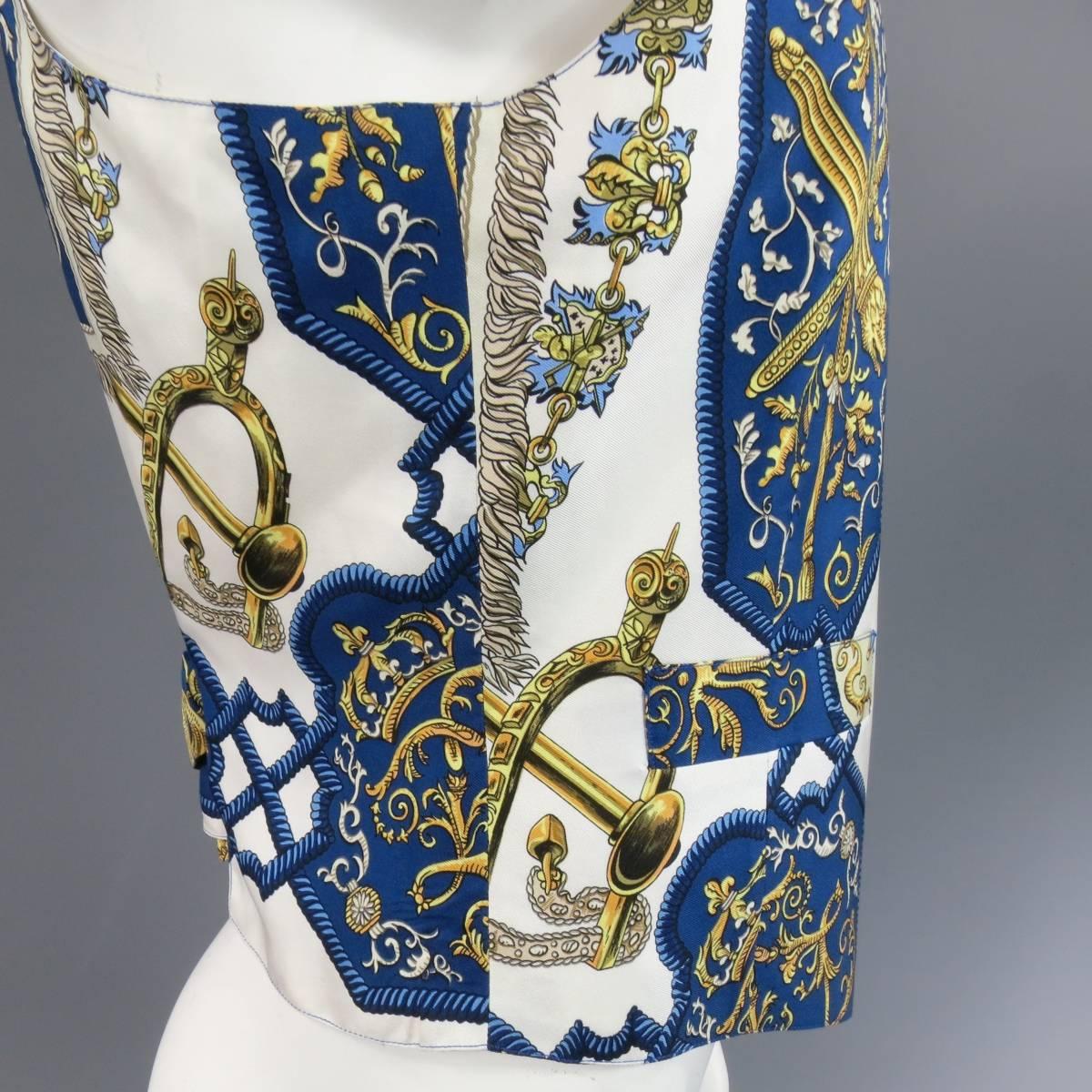 Vintage HERMES 42 Blue White & Gold Ludovicus Magnus Louis XIV Silk Vest 1