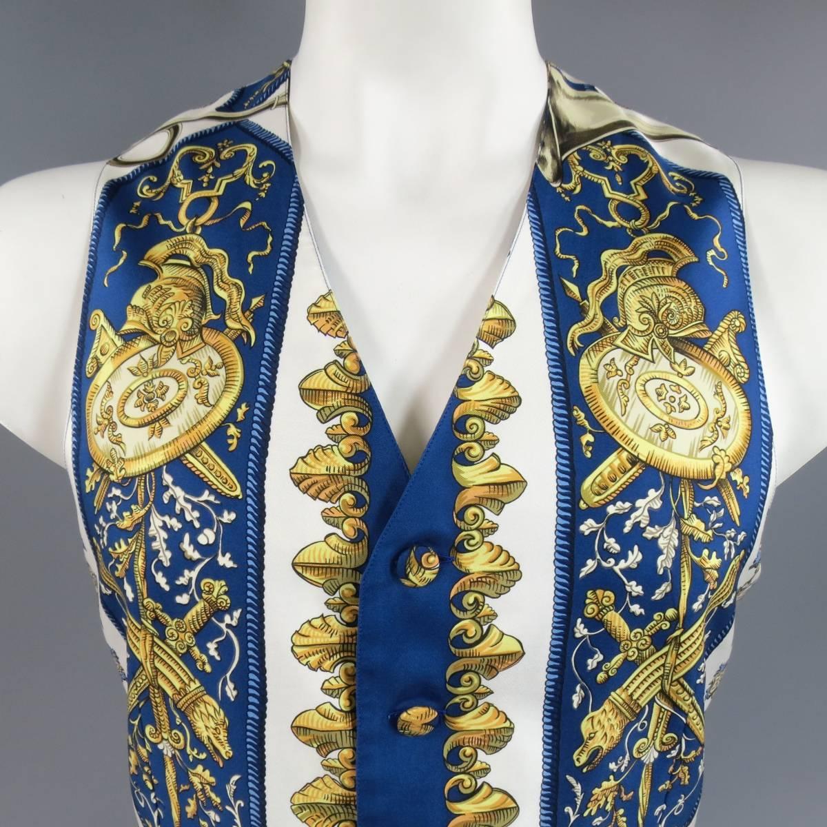 Vintage HERMES 42 Blue White & Gold Ludovicus Magnus Louis XIV Silk Vest In Excellent Condition In San Francisco, CA