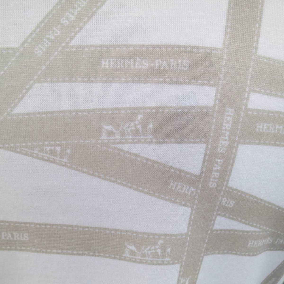 Gray Men's HERMES Size XL White & Taupe Bolduc Ribbon Print Cotton T-shirt