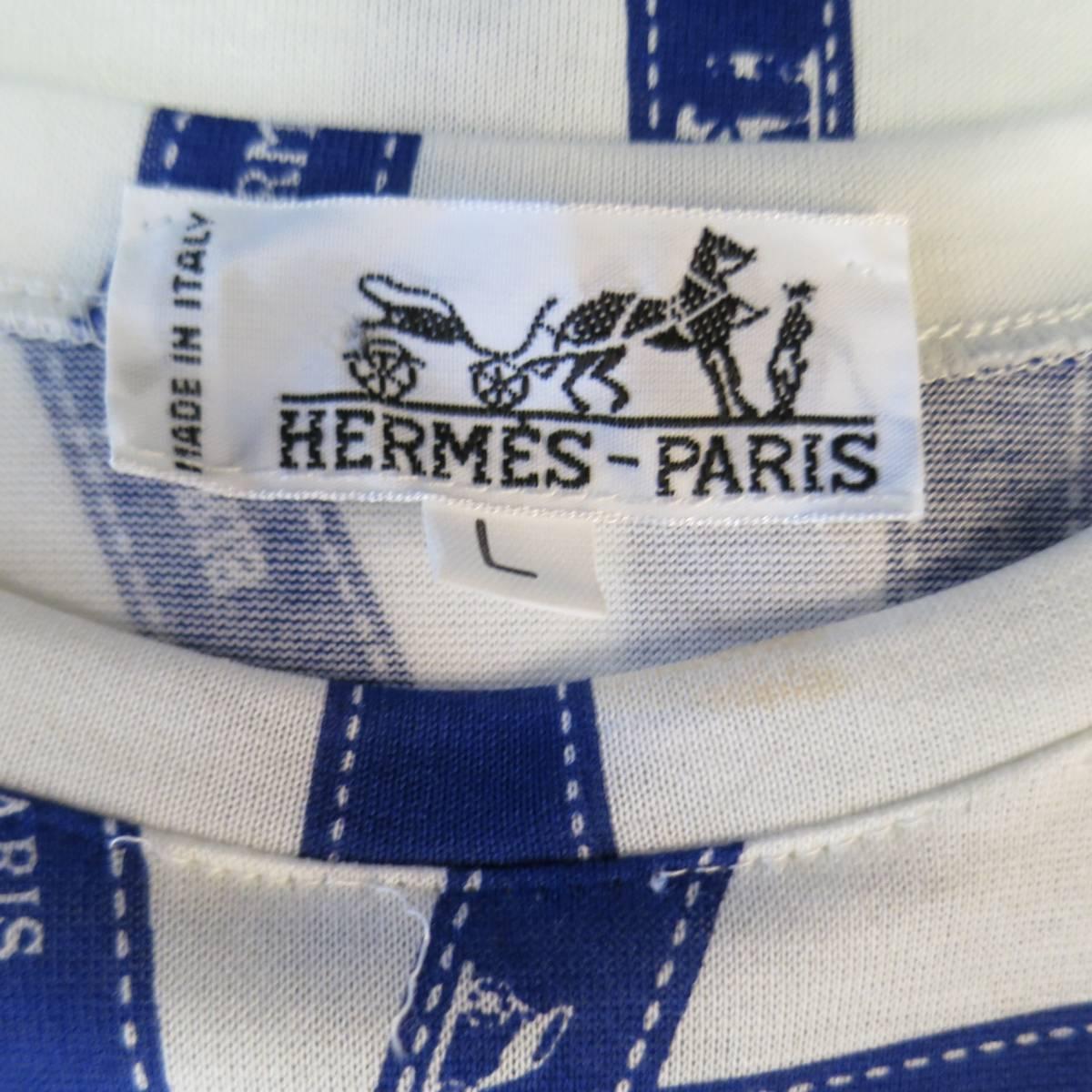 Vintage HERMES Size L White & Navy Bolduc Ribbon Print Cotton T-shirt In Good Condition In San Francisco, CA