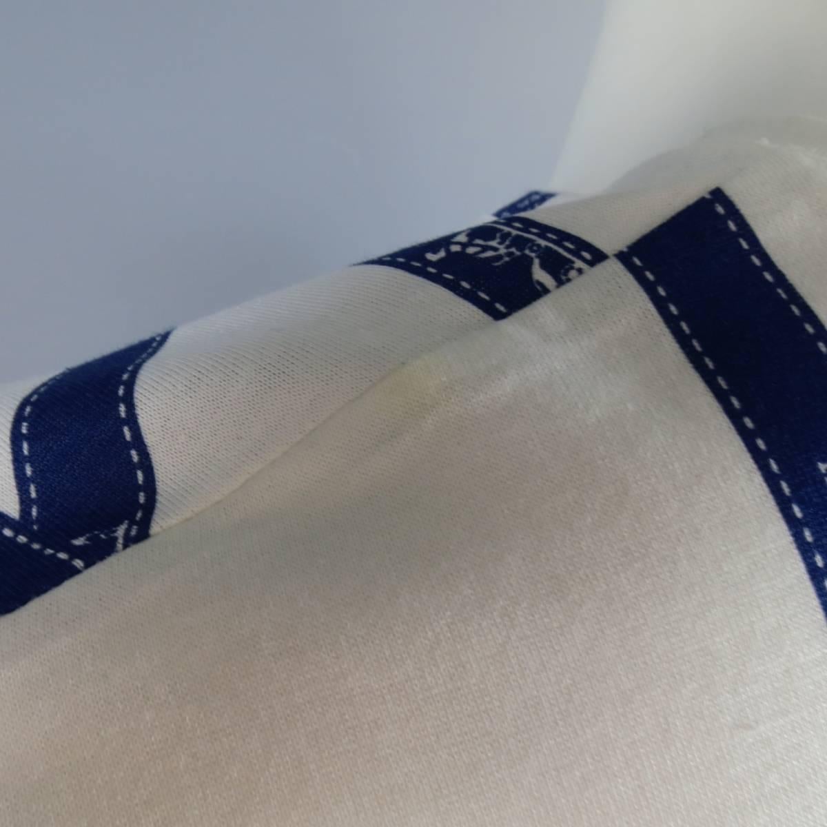 Gray Vintage HERMES Size L White & Navy Bolduc Ribbon Print Cotton T-shirt