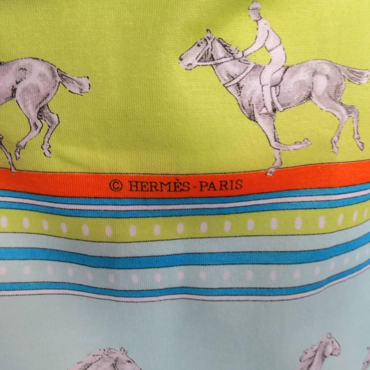 Beige Men's HERMES Size XL Green Blue & Orange Striped Sequences Horse Print T-shirt