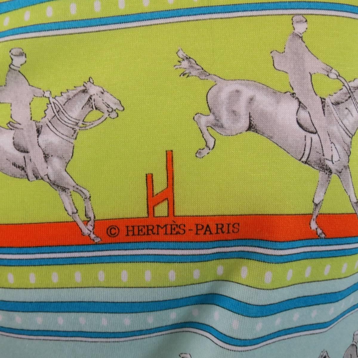 Men's HERMES Size XL Green Blue & Orange Striped Sequences Horse Print T-shirt In Excellent Condition In San Francisco, CA