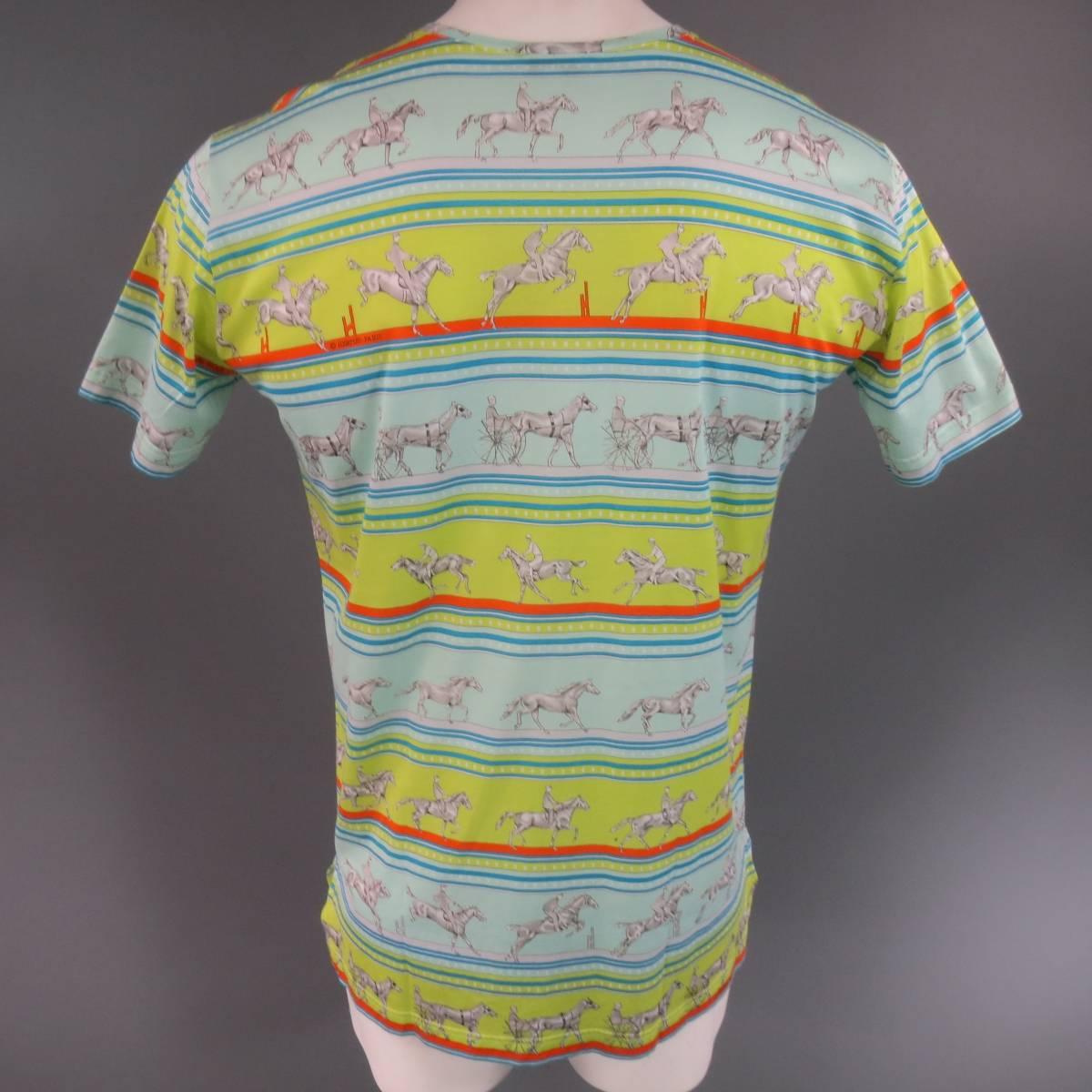 Men's HERMES Size XL Green Blue & Orange Striped Sequences Horse Print T-shirt 1