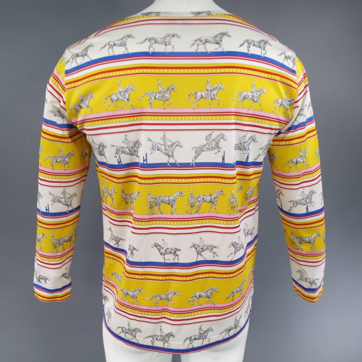 Women's or Men's HERMES XL Yellow Red & Blue Striped Sequinces Horse Print Long Sleeve T-Shirt