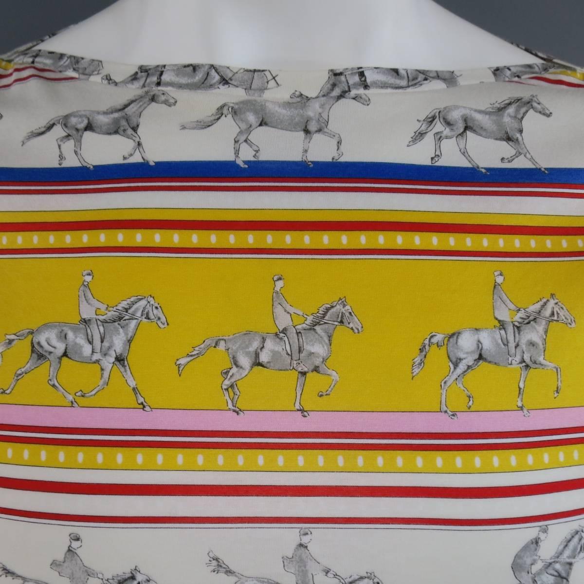 HERMES XL Yellow Red & Blue Striped Sequinces Horse Print Long Sleeve T-Shirt 1