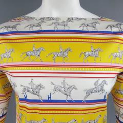 HERMES XL Yellow Red & Blue Striped Sequinces Horse Print Long Sleeve T-Shirt