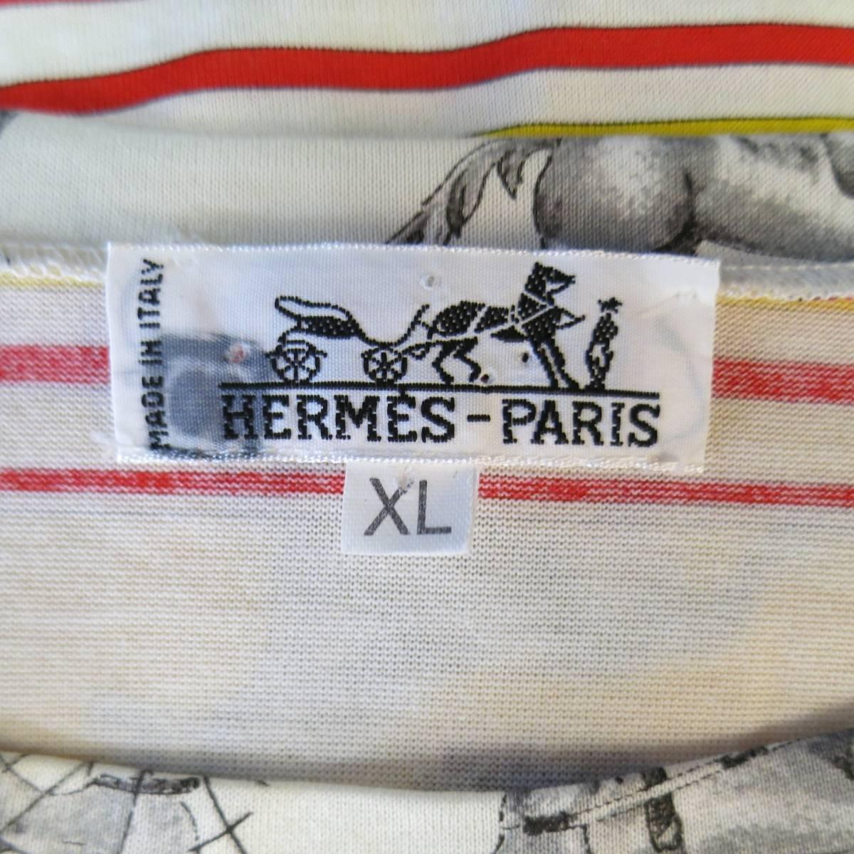 HERMES XL Yellow Red & Blue Striped Sequinces Horse Print Long Sleeve T-Shirt 3