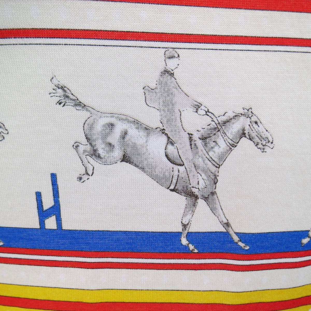 HERMES XL Yellow Red & Blue Striped Sequinces Horse Print Long Sleeve T-Shirt In Excellent Condition In San Francisco, CA