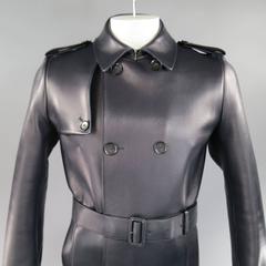 Men's New VALENTINO 38 Navy Leather Wool Blend Lined Double Breasted Trenchcoat