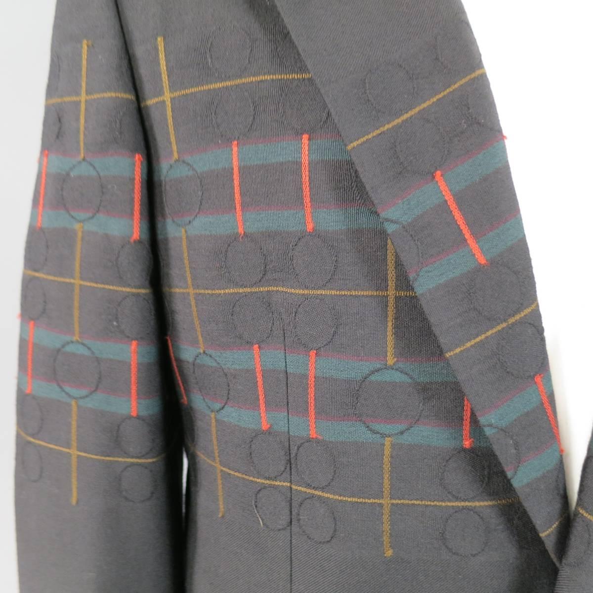 MATSUDA Jacket 40 Black Wool Geometric Circles & Stripes Oversized Sport Coat In Excellent Condition In San Francisco, CA