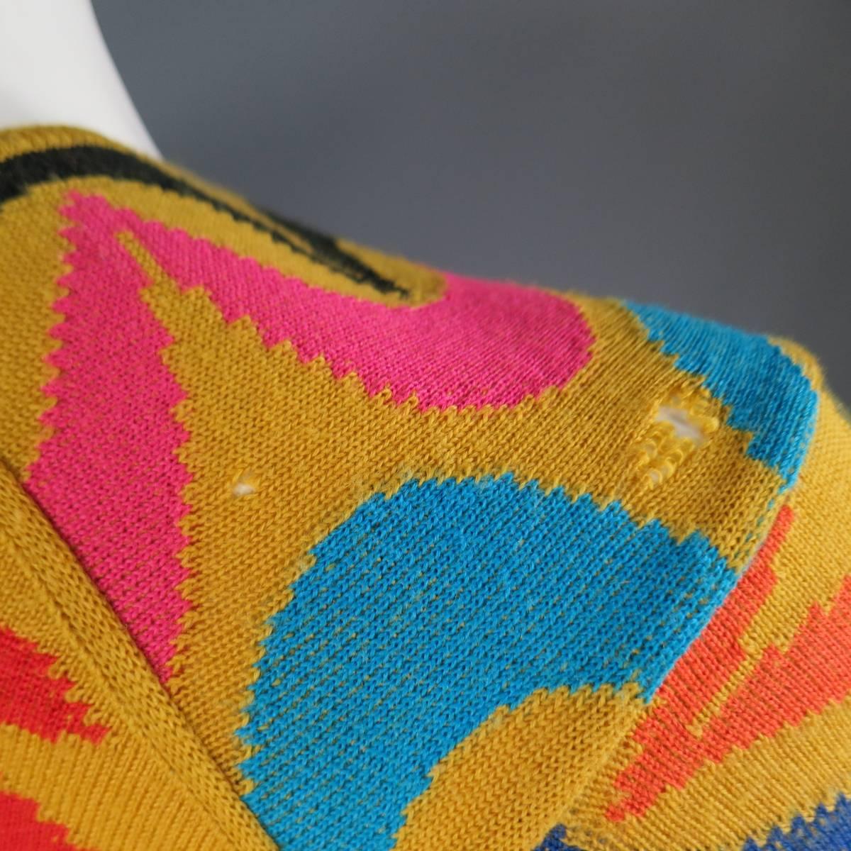 COMME des GARCONS Size L Yellow Multi-Color Print Wool Blend V Neck Pullover 4